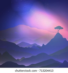 Starry Night in the Mountains with a Lone Tree - Vector Illustration