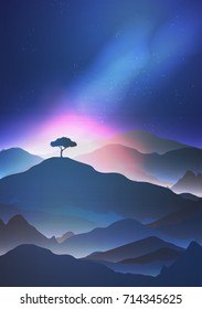 Starry Night in the Mountains with a Lone Tree - Vector Illustration