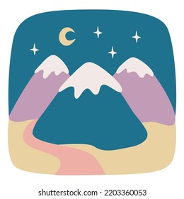 Starry night in the mountains view. Abstract vector hand drawn illustration.
