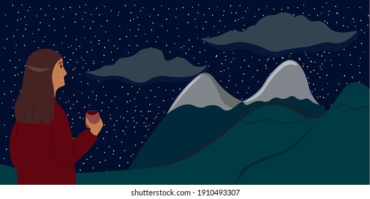 Starry night in the mountains. A young woman tourist is resting after a long hike and admiring the starry sky while drinking tea. 
Vector hand drawn cartoon illustration