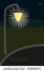 Starry Night. One lighted street lamp. Vector illustration