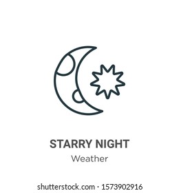 Starry night outline vector icon. Thin line black starry night icon, flat vector simple element illustration from editable weather concept isolated on white background
