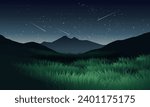 Starry night over hill with meadow and stars