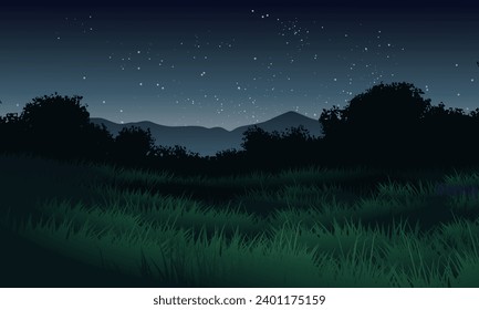 Starry night over meadow with tree silhouette and mountain