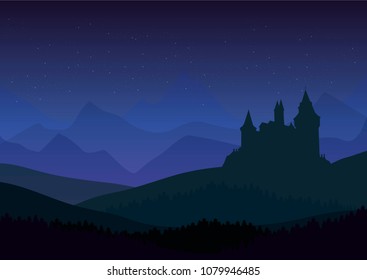 starry night over old castle and mountains silhouettes at the background vector landscape illustration