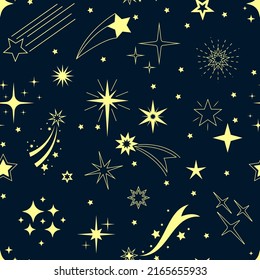 Starry night pattern. Seamless print with shooting star and falling comet, night sky with cosmos landscape. Vector texture. Outer space with shining and glowing celestial bodies, magic universe