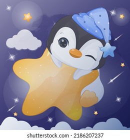 Starry Night Penguin in Watercolor Illustration