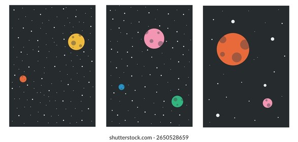 Starry night poster set with colorful planets. Galaxy design collection for background, web app, banner, poster, social media.