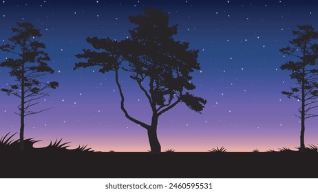 Starry night realistic. Lonely tree, bench silhouettes and stars in evening sky. Starlight night landscape.