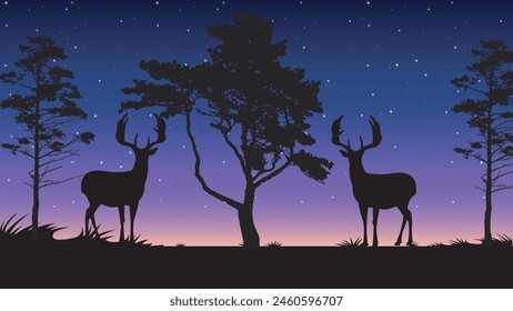 Starry night realistic. Lonely tree, bench silhouettes and stars in evening sky. Starlight night landscape.