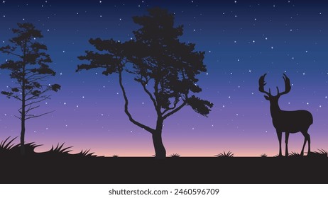 Starry night realistic. Lonely tree, bench silhouettes and stars in evening sky. Starlight night landscape.