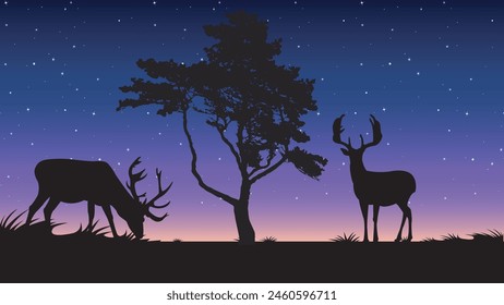 Noche estrellada realista. Árbol solitario, siluetas de banco y estrellas en el cielo nocturno. Paisaje nocturno de Starlight.
