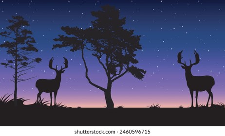 Starry night realistic. Lonely tree, bench silhouettes and stars in evening sky. Starlight night landscape.