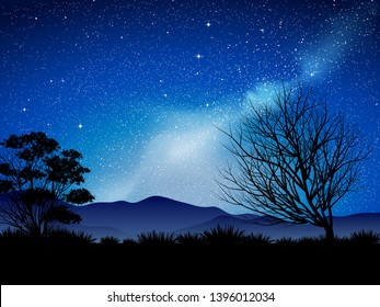 starry night in savanna with trees and grass