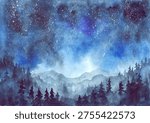 A starry night scene unfolds with a blend of watercolor techniques. The background highlights a sky filled with stars, revealing deep shades of blue and hints of purple. Silhouetted mountains stretch across the horizon, adding depth to the landscape. Dark tree outlines are visible in the foreground, contributing to the natural setting. The composition captures a moment of beauty in nature during the night, drawing the viewer into the wonder of the stars
