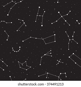 Starry night, seamless pattern, background with stars and constellations, vector illustration