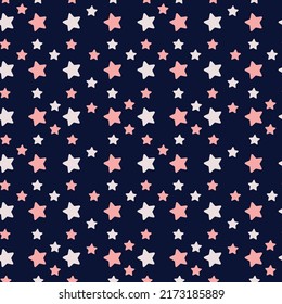 Starry Night Seamless Pattern. Kids Bedroom Textile Pattern. Pink And White Stars On Dark Background.