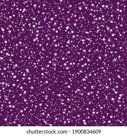 Starry night seamless pattern, purple cosmic space background with white stars. Vector stock illustration in cartoon style, can be used for wrapping, wallpaper.