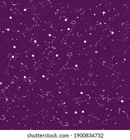 Starry night seamless pattern, purple cosmic space background with white constellations. Vector stock illustration in cartoon style, can be used for wrapping, wallpaper.