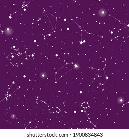Starry night seamless pattern, purple cosmic space background with white shining constellations. Vector stock illustration in cartoon style, can be used for wrapping, wallpaper.
