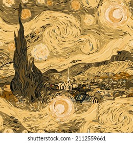 The starry night. Seamless vector pattern based on painting of Vincent Van Gogh. Square design for fabric, wallpaper, wrapping paper, invitation card. Yellow, brown, ochre color. Hand drawn picture.