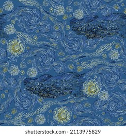 The starry night. Seamless vector pattern based on painting of Vincent Van Gogh. Square design for fabric, wallpaper, wrapping paper, invitation card. Yellow, blue, dark color. Hand drawn picture.