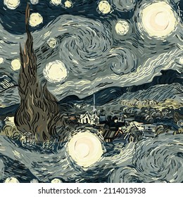 The starry night. Seamless vector pattern based on painting of Vincent Van Gogh. Square design for fabric, wallpaper, wrapping paper, invitation card. Grey, black, dark color. Hand drawn picture.