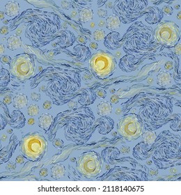 The starry night. Seamless vector pattern based on painting of Vincent Van Gogh. Square design for fabric, wallpaper, wrapping paper, invitation card. Yellow, light blue color. Hand drawn picture.
