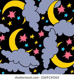 Starry night seamless vector pattern with moon, stars and clouds. Boho style decorative background for wallpaper, digital paper, wrapping design, fashion fabric, textile print. Hand drawn illustration