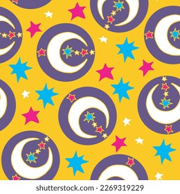 Starry night seamless vector pattern with moon, stars and clouds. Boho style decorative background for wallpaper, digital paper, wrapping design, fashion fabric, textile print. Hand drawn illustration