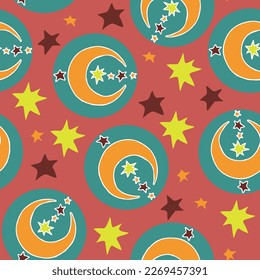 Starry night seamless vector pattern with moon, stars and clouds. Boho style decorative background for wallpaper, digital paper, wrapping design, fashion fabric, textile print. Hand drawn illustration