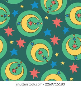 Starry night seamless vector pattern with moon, stars and clouds. Boho style decorative background for wallpaper, digital paper, wrapping design, fashion fabric, textile print. Hand drawn illustration