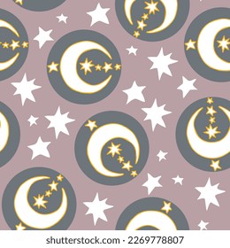 Starry night seamless vector pattern with moon, stars and clouds. Boho style decorative background for wallpaper, digital paper, wrapping design, fashion fabric, textile print. Hand drawn illustration