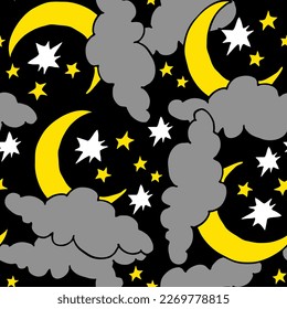 Starry night seamless vector pattern with moon, stars and clouds. Boho style decorative background for wallpaper, digital paper, wrapping design, fashion fabric, textile print. Hand drawn illustration