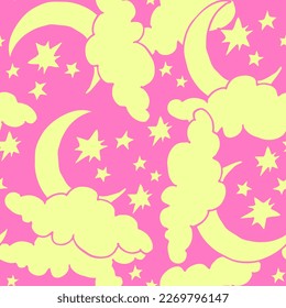 Starry night seamless vector pattern with moon, stars and clouds. Boho style decorative background for wallpaper, digital paper, wrapping design, fashion fabric, textile print. Hand drawn illustration