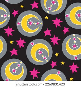 Starry night seamless vector pattern with moon, stars and clouds. Boho style decorative background for wallpaper, digital paper, wrapping design, fashion fabric, textile print. Hand drawn illustration