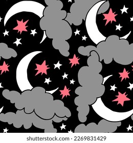 Starry night seamless vector pattern with moon, stars and clouds. Boho style decorative background for wallpaper, digital paper, wrapping design, fashion fabric, textile print. Hand drawn illustration
