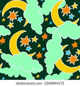 Starry night seamless vector pattern with moon, stars and clouds. Boho style decorative background for wallpaper, digital paper, wrapping design, fashion fabric, textile print. Hand drawn illustration