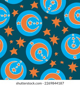 Starry night seamless vector pattern with moon, stars and clouds. Boho style decorative background for wallpaper, digital paper, wrapping design, fashion fabric, textile print. Hand drawn illustration