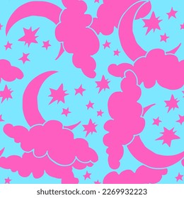 Starry night seamless vector pattern with moon, stars and clouds. Boho style decorative background for wallpaper, digital paper, wrapping design, fashion fabric, textile print. Hand drawn illustration