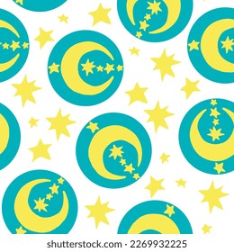 Starry night seamless vector pattern with moon, stars and clouds. Boho style decorative background for wallpaper, digital paper, wrapping design, fashion fabric, textile print. Hand drawn illustration