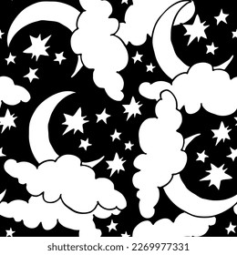 Starry night seamless vector pattern with moon, stars and clouds. Boho style decorative background for wallpaper, digital paper, wrapping design, fashion fabric, textile print. Hand drawn illustration
