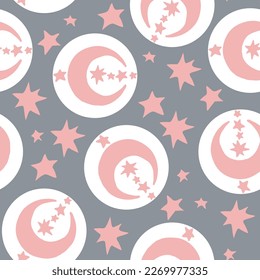 Starry night seamless vector pattern with moon, stars and clouds. Boho style decorative background for wallpaper, digital paper, wrapping design, fashion fabric, textile print. Hand drawn illustration