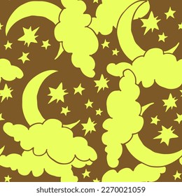 Starry night seamless vector pattern with moon, stars and clouds. Boho style decorative background for wallpaper, digital paper, wrapping design, fashion fabric, textile print. Hand drawn illustration