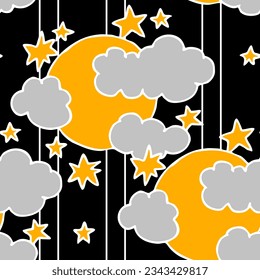Starry night seamless vector pattern with moon, stars and clouds. Boho style decorative background for wallpaper, digital paper, wrapping design, fashion fabric, textile print. Hand drawn illustration