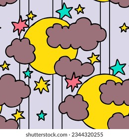 Starry night seamless vector pattern with moon, stars and clouds. Boho style decorative background for wallpaper, digital paper, wrapping design, fashion fabric, textile print. Hand drawn illustration