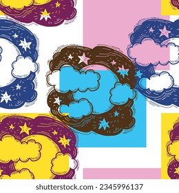Starry night seamless vector pattern with moon, stars and clouds. Boho style decorative background for wallpaper, digital paper, wrapping design, fashion fabric, textile print. Hand drawn illustration