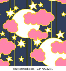 Starry night seamless vector pattern with moon, stars and clouds. Boho style decorative background for wallpaper, digital paper, wrapping design, fashion fabric, textile print. Hand drawn illustration