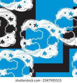 Starry night seamless vector pattern with moon, stars and clouds. Boho style decorative background for wallpaper, digital paper, wrapping design, fashion fabric, textile print. Hand drawn illustration