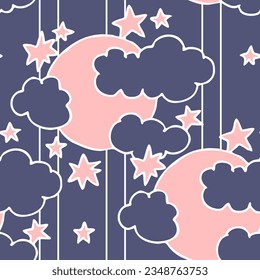 Starry night seamless vector pattern with moon, stars and clouds. Boho style decorative background for wallpaper, digital paper, wrapping design, fashion fabric, textile print. Hand drawn illustration